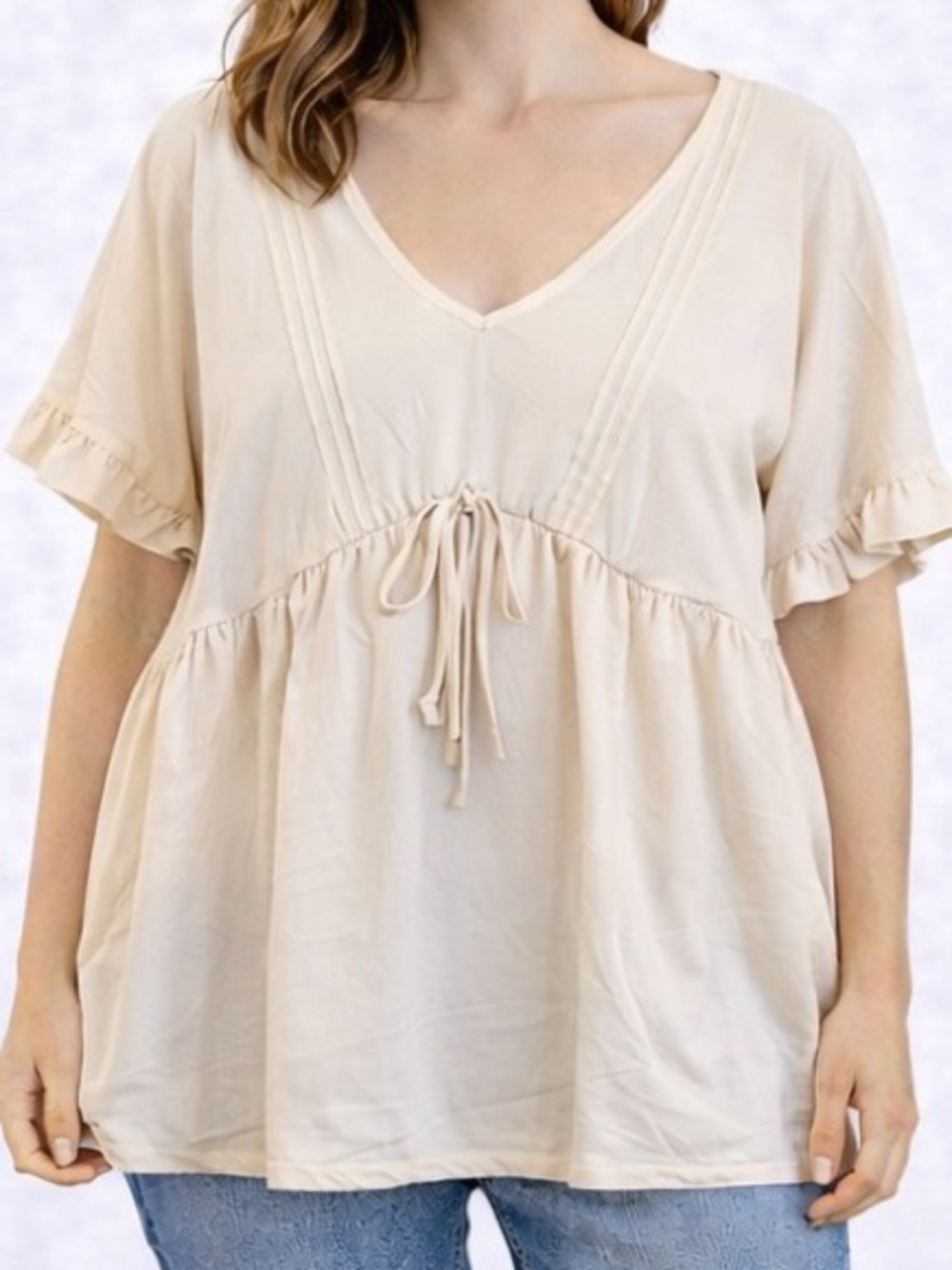 Women’s Plus Size Beige V-Neck Tie-Front Peasant Top - Size 3X